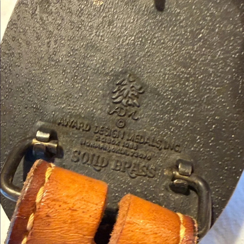 Vintage Solid Brass Award Designed Raccoons Buckle on Hand Tooled Leather Belt